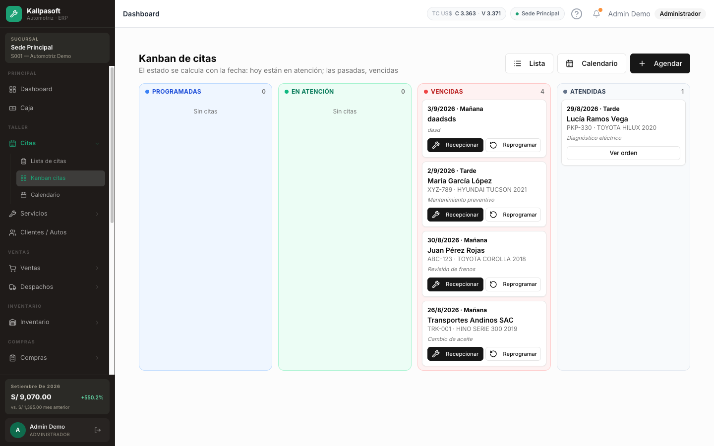 Calendario de citas del taller