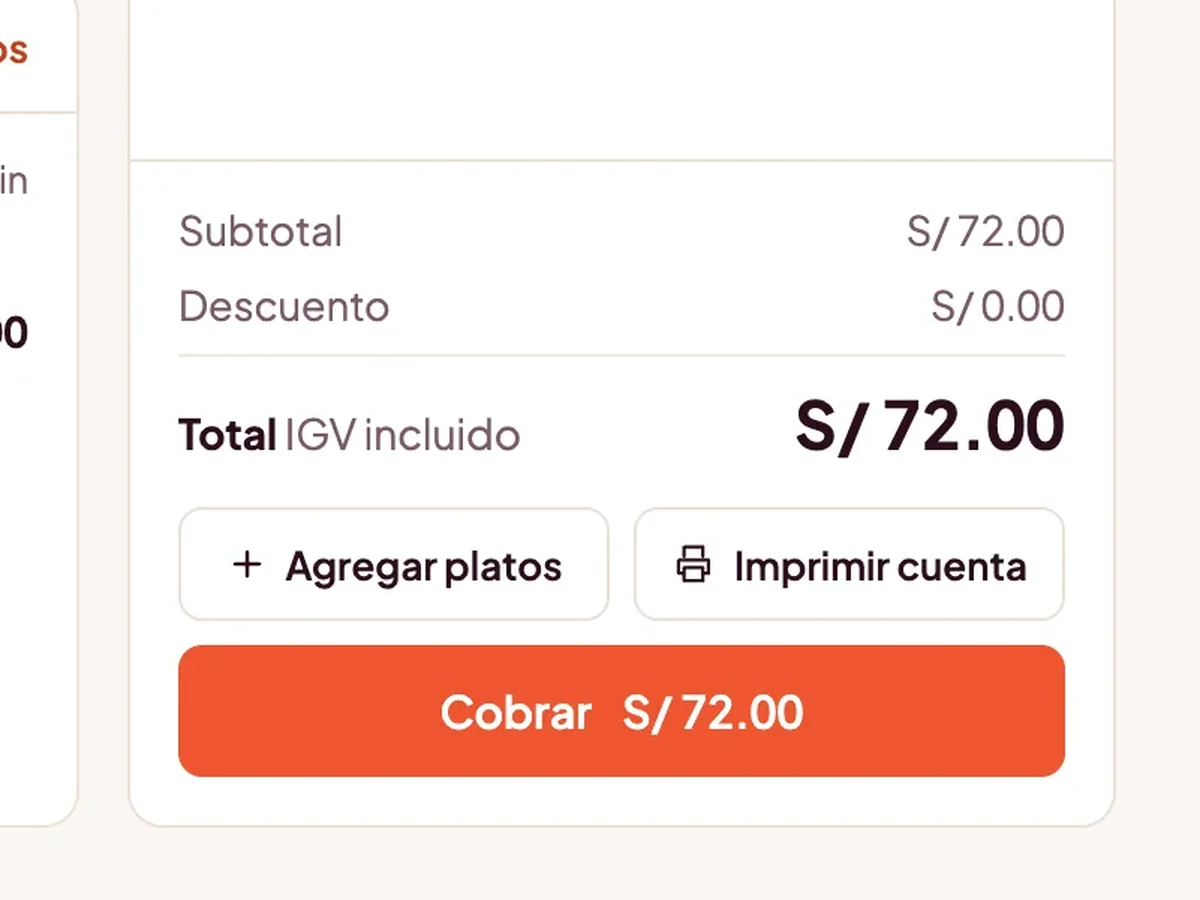 La cuenta de la mesa en Foody con el total y el botón de cobro