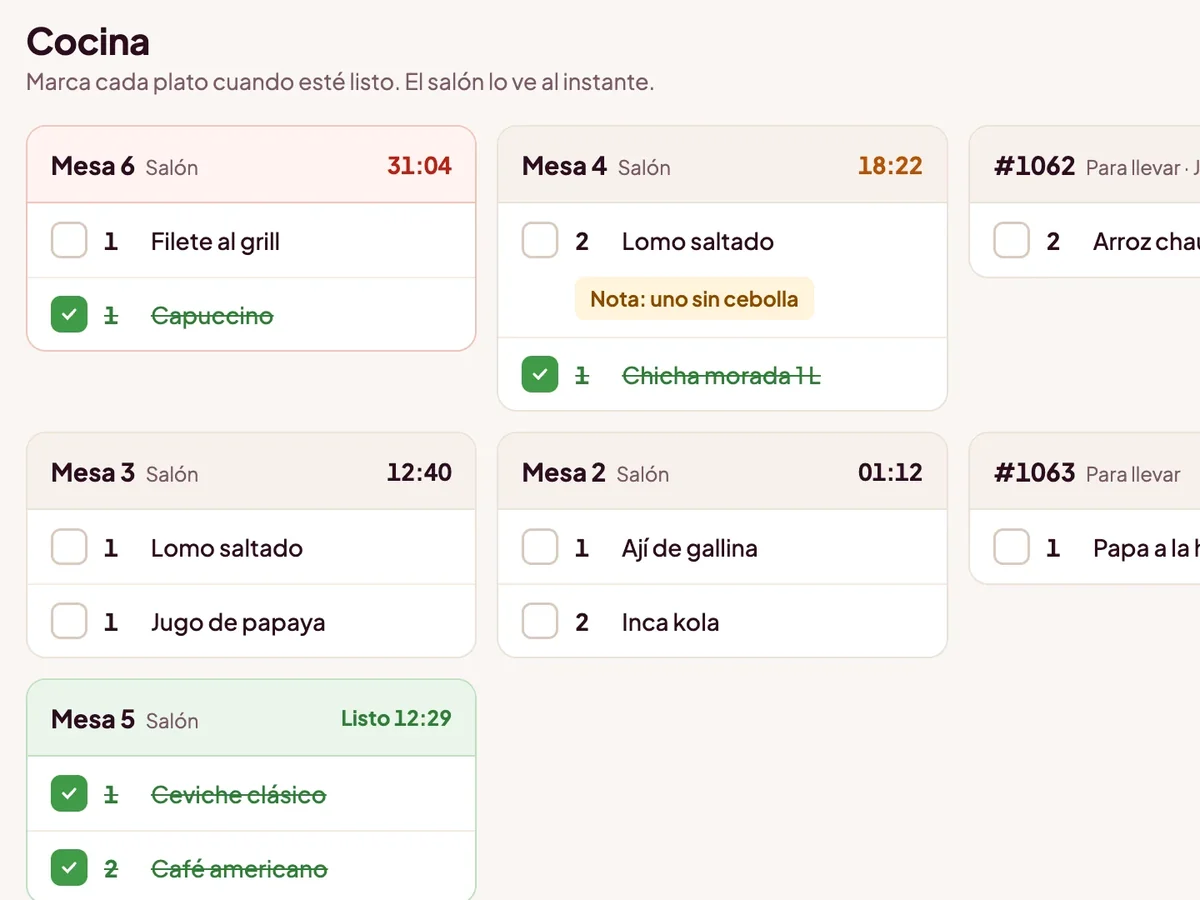 Las comandas en la pantalla de cocina de Foody, por mesa