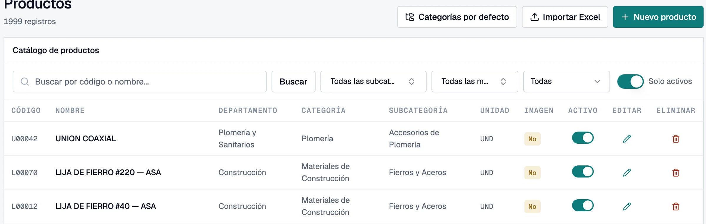 Catálogo de productos de Yunque con 1,999 registros y el botón de importar desde Excel