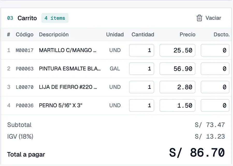 Carrito de la venta con subtotal, IGV y total